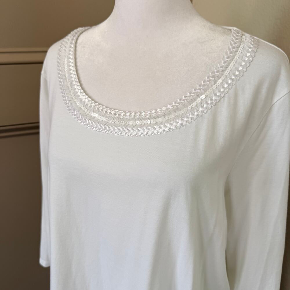 Coldwater Creek White Embellished Supima Cotton Top 1X 18 3/4 Sleeve